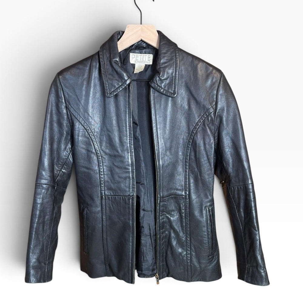 Petite Sophisticate Black Leather Jacket Women Size 6 Full Zip 90s Minimalist